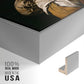 Close-up of the silver floater frame corner and gallery wrapped canvas construction.