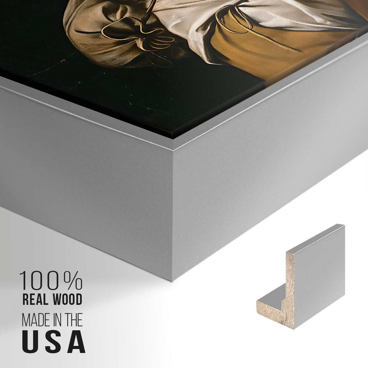 Close-up of the silver floater frame corner and gallery wrapped canvas construction.