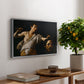 David with the Head of Goliath (Vienna Version), c. 1607 by Caravaggio, presented in a silver floater framed canvas featuring a young David holding the severed head of Goliath against a dark background, displayed above a hallway console table.
