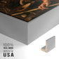 Close-up of the silver floater frame corner and gallery wrapped canvas construction.