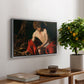 Saint John the Baptist in the Wilderness, c. 1603-1604 by Caravaggio, presented in a silver floater framed canvas featuring a young Saint John seated in wilderness with staff and red drapery, displayed above a hallway console table.