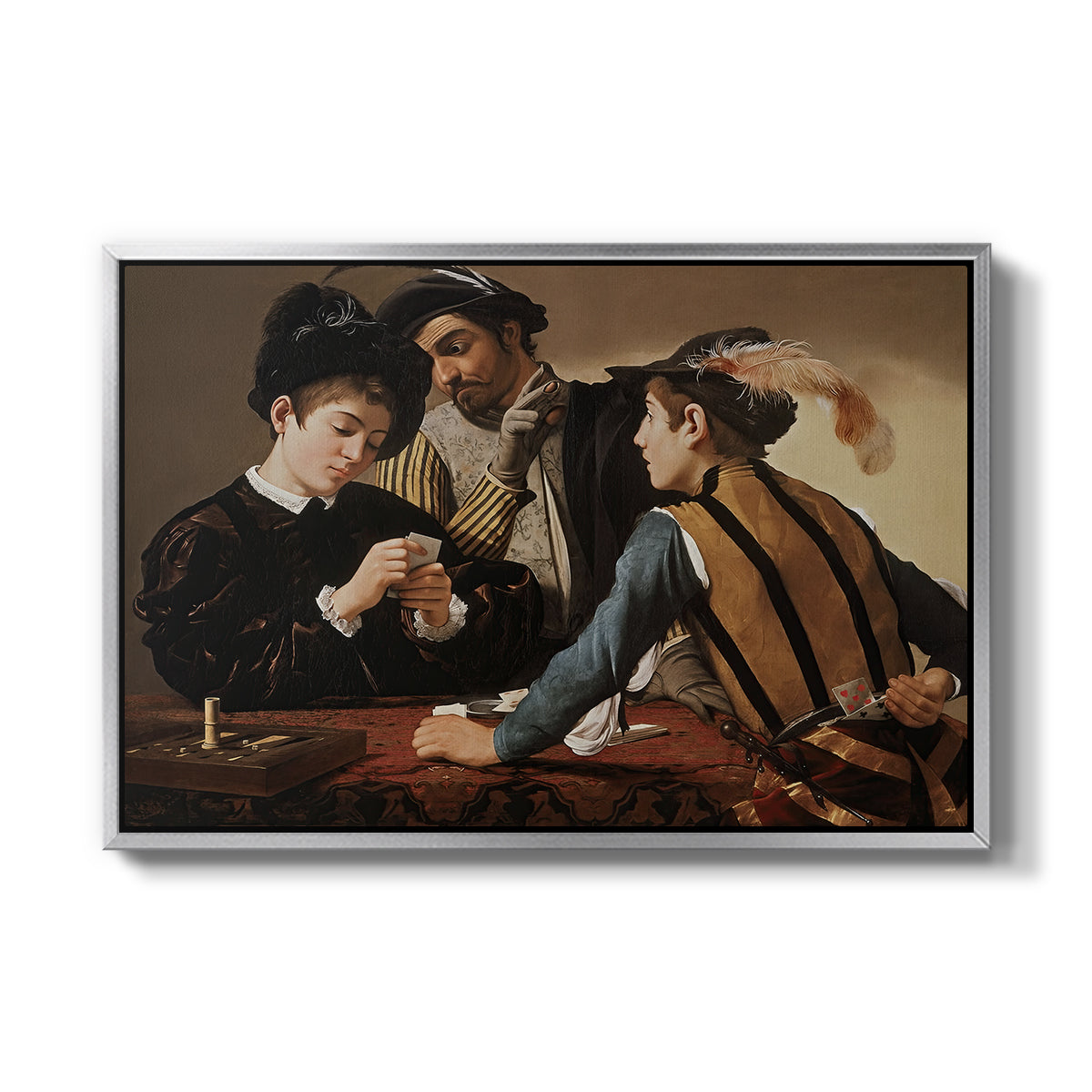 The Cardsharps, c. 1594 by Caravaggio in a silver floater framed canvas wall art display.