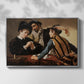Front view of The Cardsharps, c. 1594 by Caravaggio in a silver floater framed canvas.