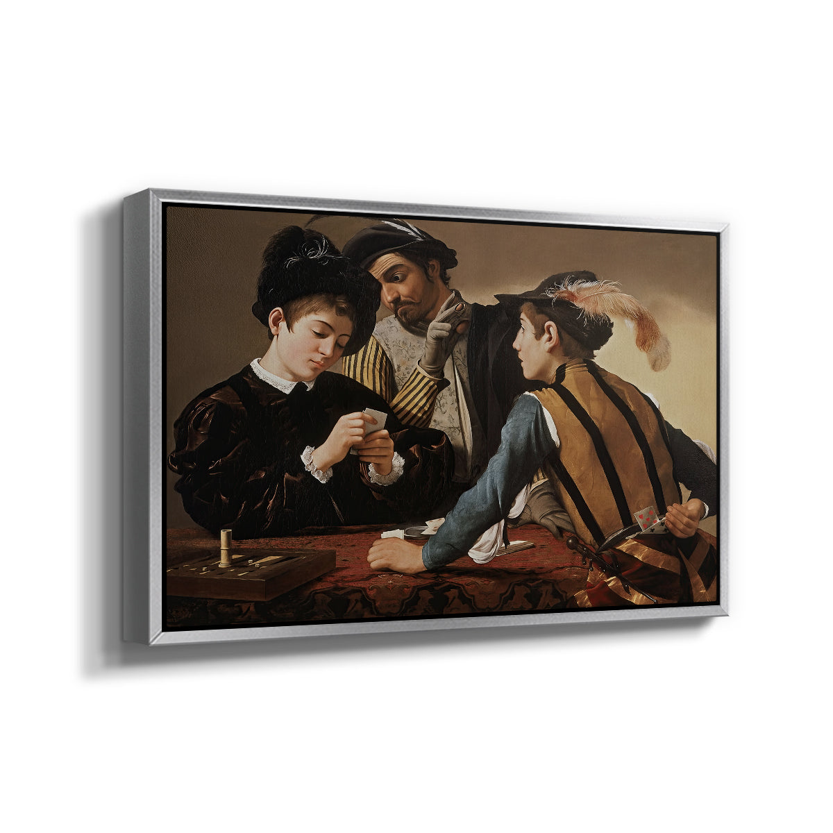 Angled view of The Cardsharps, c. 1594 by Caravaggio in a silver floater framed canvas.