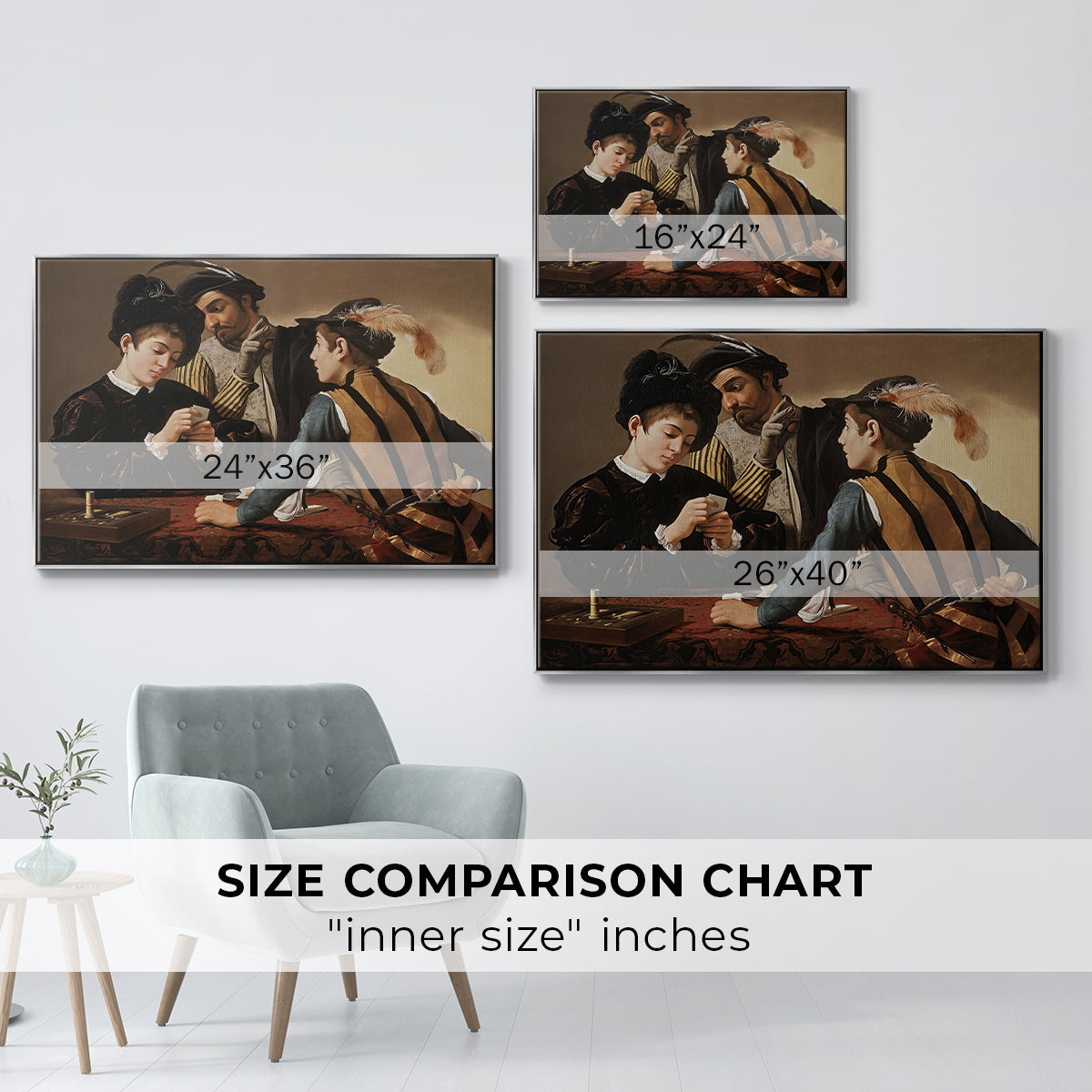 Size comparison chart for silver floater framed canvas featuring The Cardsharps, c. 1594 by Caravaggio.