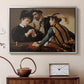 Silver floater framed canvas featuring a young men playing cards with one cheating and another watching closely, displayed above a cabinet in a soft-toned living room.