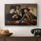 The Cardsharps, c. 1594 by Caravaggio in a silver floater framed canvas displayed above a console table in a hallway, featuring a dramatic interior scene of gambling and trickery among figures.