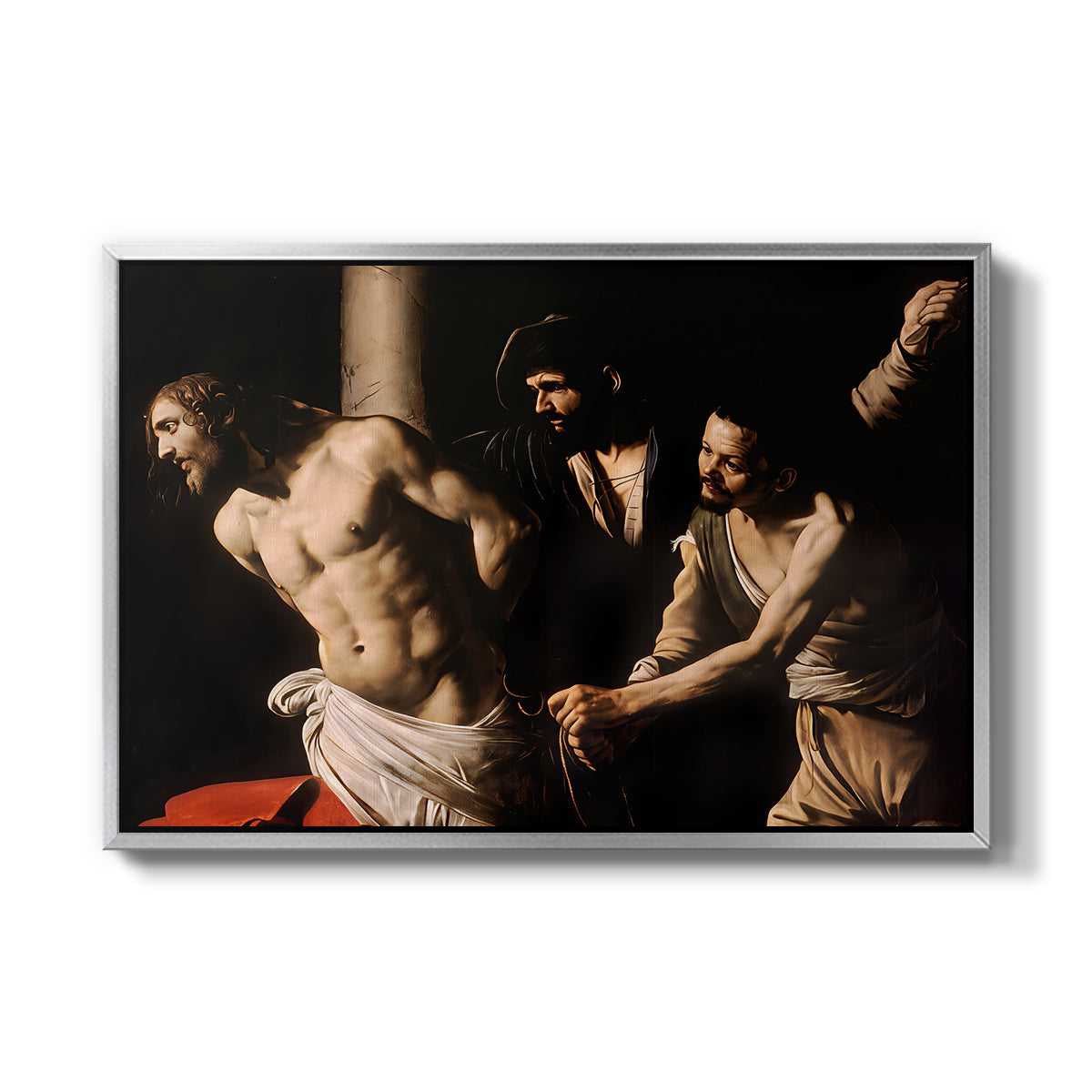 The Flagellation of Christ at the Column (Rouen Version), 1606 by Caravaggio in a silver floater framed canvas wall art display.