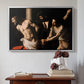 Silver floater framed canvas featuring The Flagellation of Christ at the Column (Rouen Version), 1606 by Caravaggio above an entryway table in a minimalist foyer.
