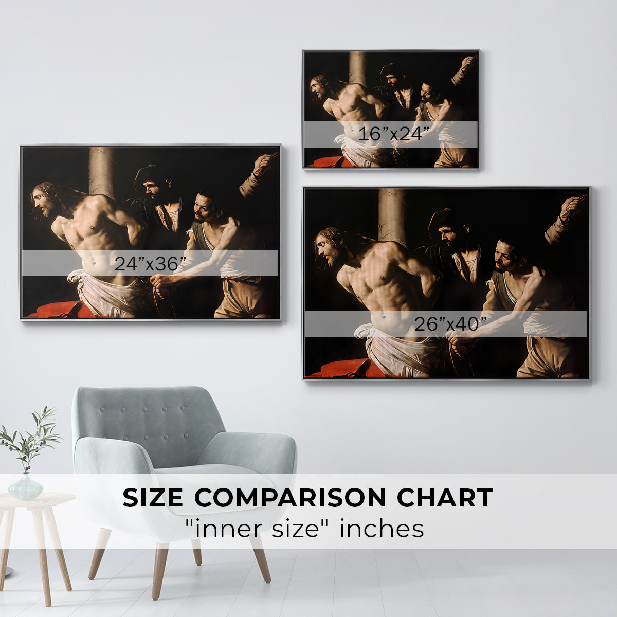 Size comparison chart for silver floater framed canvas featuring The Flagellation of Christ at the Column (Rouen Version), 1606 by Caravaggio.