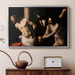 Silver floater framed canvas featuring a biblical depiction of men whipping Christ tied to pillar, displayed above a cabinet in a soft-toned living room.