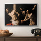 The Flagellation of Christ at the Column (Rouen Version), 1606 by Caravaggio in a silver floater framed canvas displayed above a console table in a hallway, featuring an intense Baroque scene of suffering with strong light and shadow.