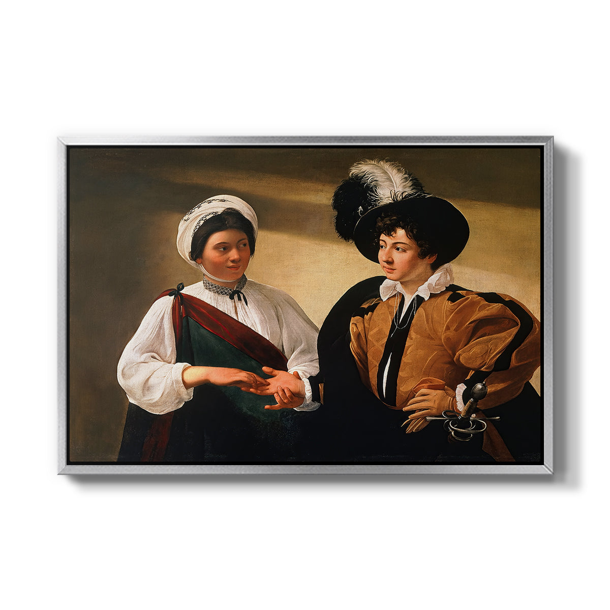 The Fortune Teller (Louvre Version), c. 1595 by Caravaggio in a silver floater framed canvas wall art display.