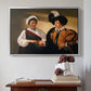 Silver floater framed canvas featuring The Fortune Teller (Louvre Version), c. 1595 by Caravaggio above an entryway table in a minimalist foyer.