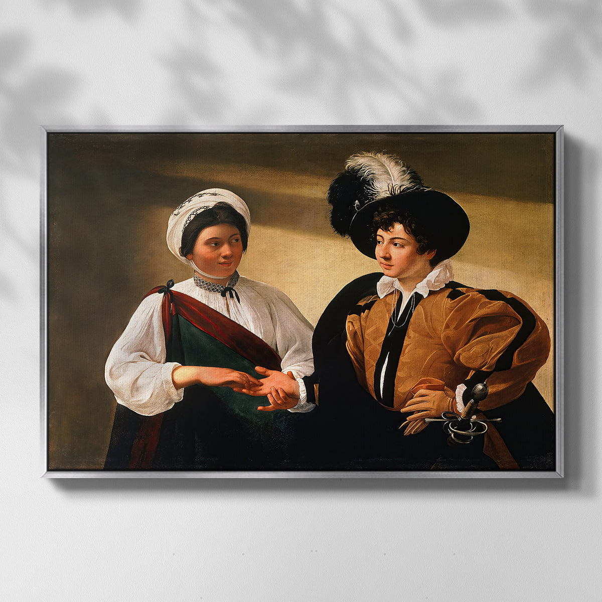 Front view of The Fortune Teller (Louvre Version), c. 1595 by Caravaggio in a silver floater framed canvas.