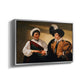 Angled view of The Fortune Teller (Louvre Version), c. 1595 by Caravaggio in a silver floater framed canvas.
