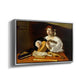 Angled view of The Lute Player (Wildenstein Version), c. 1596 by Caravaggio in a silver floater framed canvas.