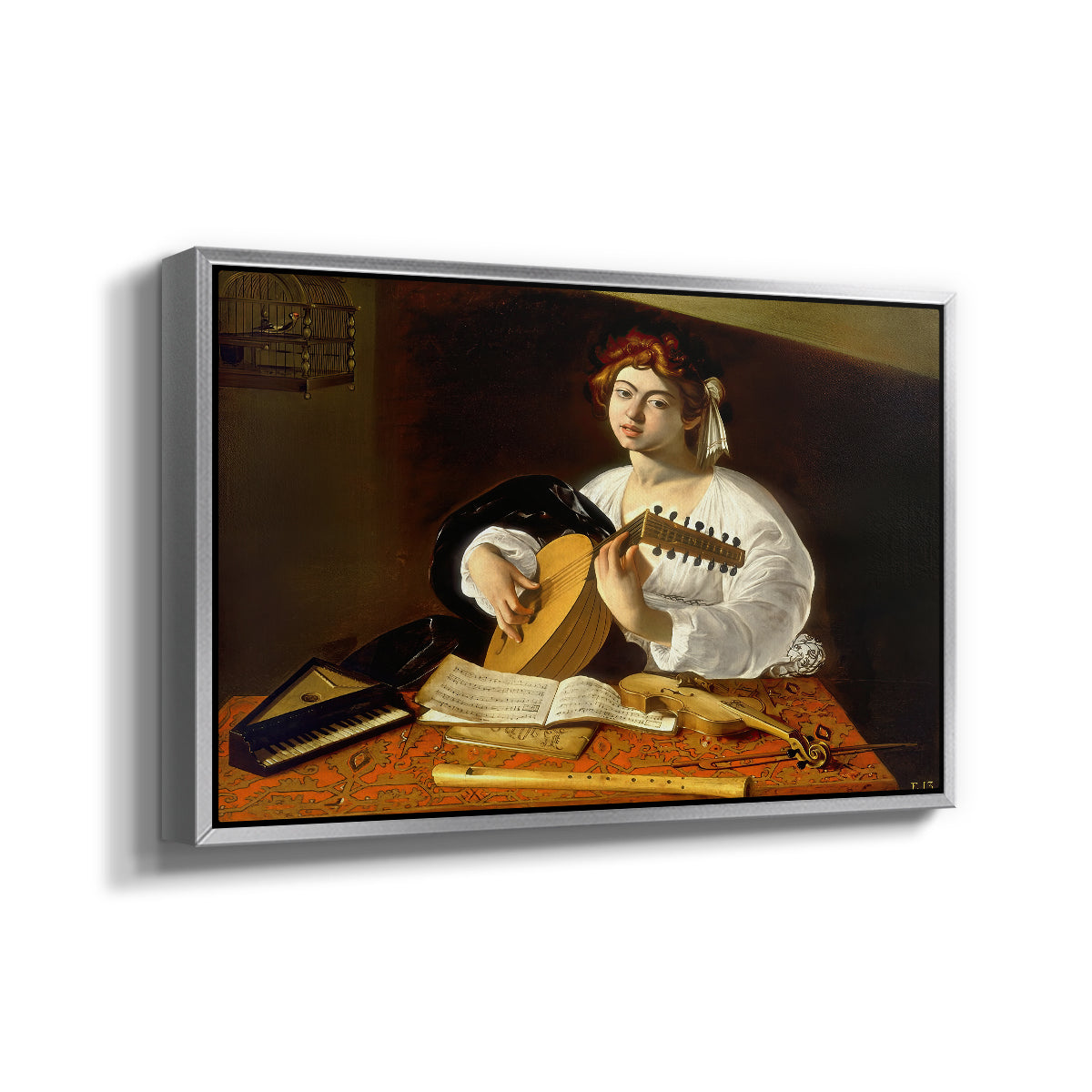 Angled view of The Lute Player (Wildenstein Version), c. 1596 by Caravaggio in a silver floater framed canvas.