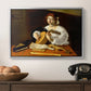 The Lute Player (Wildenstein Version), c. 1596 by Caravaggio in a silver floater framed canvas displayed above a console table in a hallway, featuring an intimate portrait of musician with still life elements.