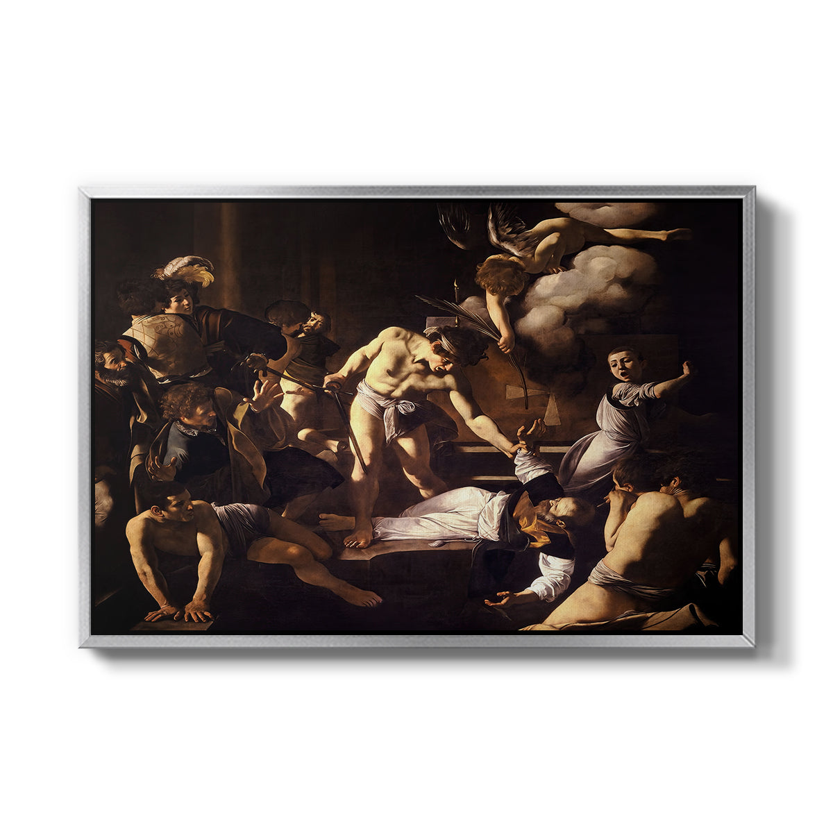 The Martyrdom of Saint Matthew, 1599-1600 by Caravaggio in a silver floater framed canvas wall art display.