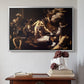 Silver floater framed canvas featuring The Martyrdom of Saint Matthew, 1599-1600 by Caravaggio above an entryway table in a minimalist foyer.