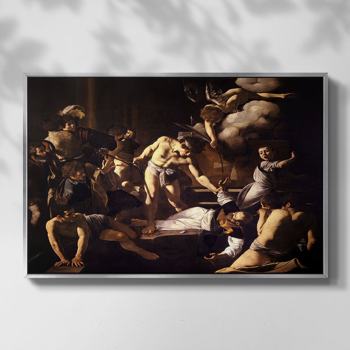 Front view of The Martyrdom of Saint Matthew, 1599-1600 by Caravaggio in a silver floater framed canvas.