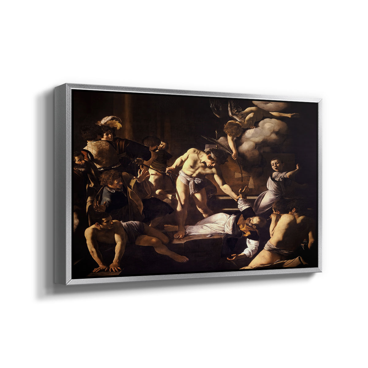 Angled view of The Martyrdom of Saint Matthew, 1599-1600 by Caravaggio in a silver floater framed canvas.