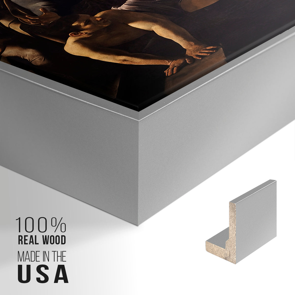 Close-up of the silver floater frame corner and gallery wrapped canvas construction.