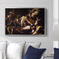 The Martyrdom of Saint Matthew, 1599-1600 by Caravaggio displayed above a sofa in a living room in a silver floater frame, featuring a dramatic moment of martyrdom with figures reacting in panic.