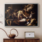 Silver floater framed canvas featuring a religious narrative showing violent attack on saint in crowded setting, displayed above a cabinet in a soft-toned living room.