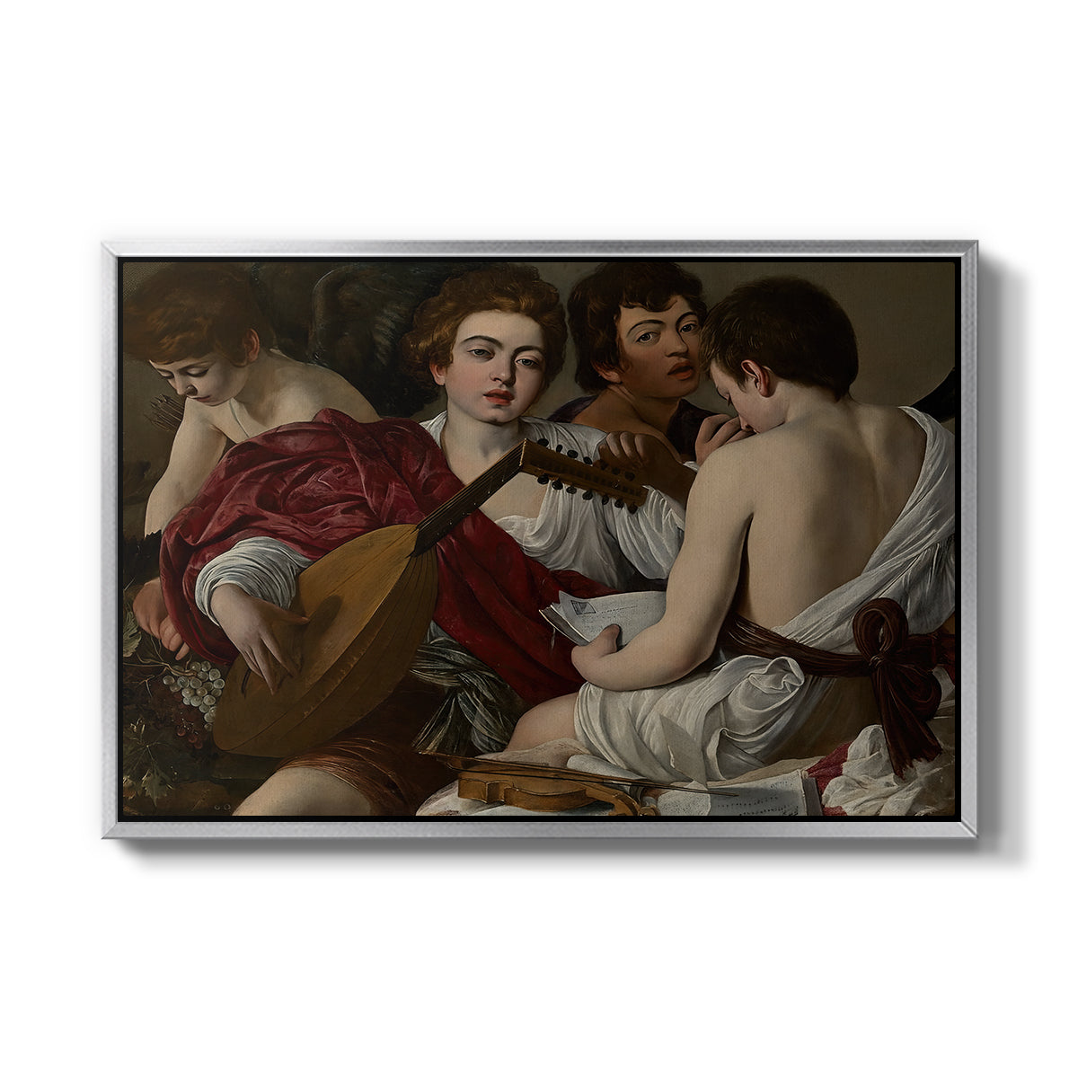 The Musicians, c. 1595 by Caravaggio in a silver floater framed canvas wall art display.