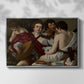 Front view of The Musicians, c. 1595 by Caravaggio in a silver floater framed canvas.
