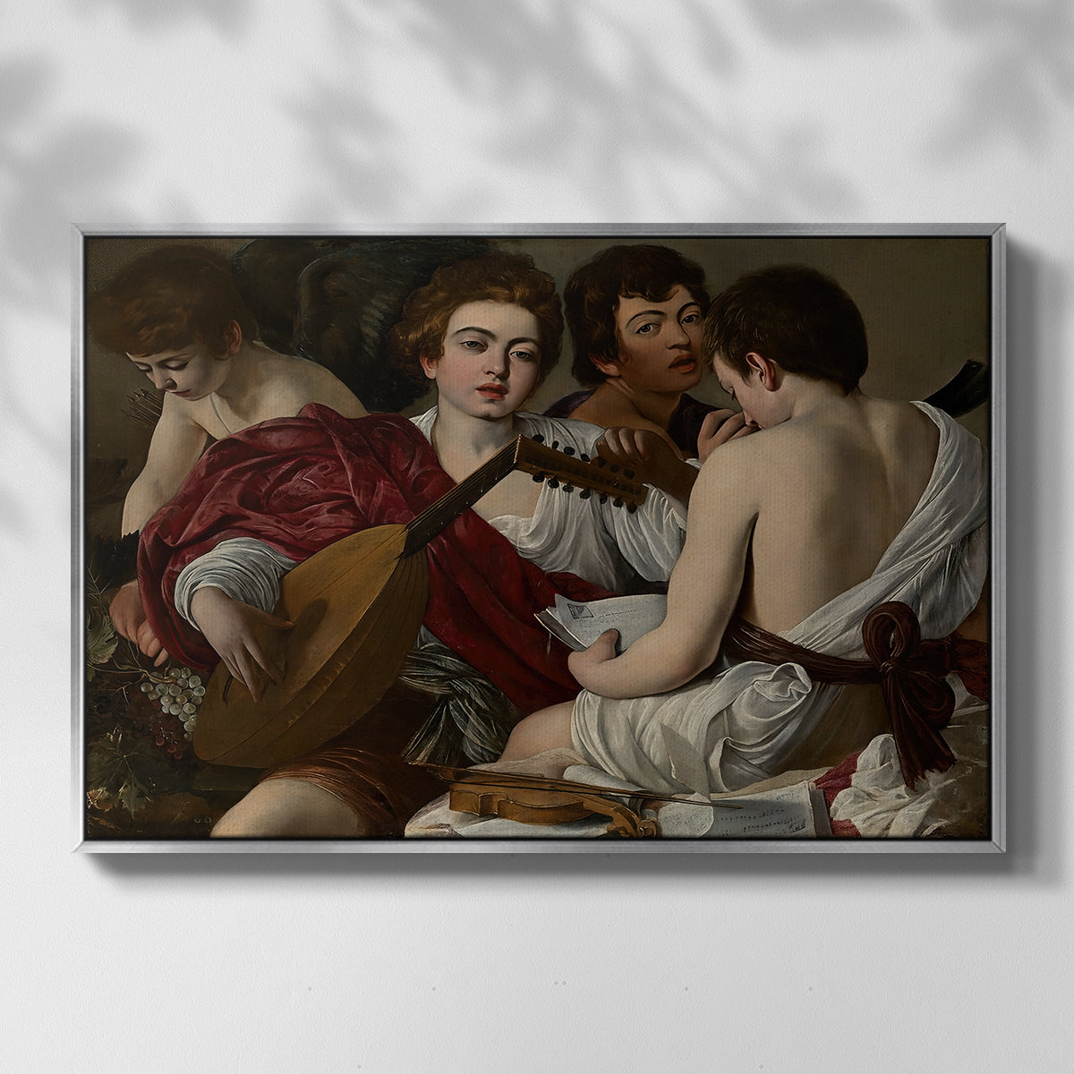 Front view of The Musicians, c. 1595 by Caravaggio in a silver floater framed canvas.
