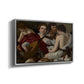Angled view of The Musicians, c. 1595 by Caravaggio in a silver floater framed canvas.