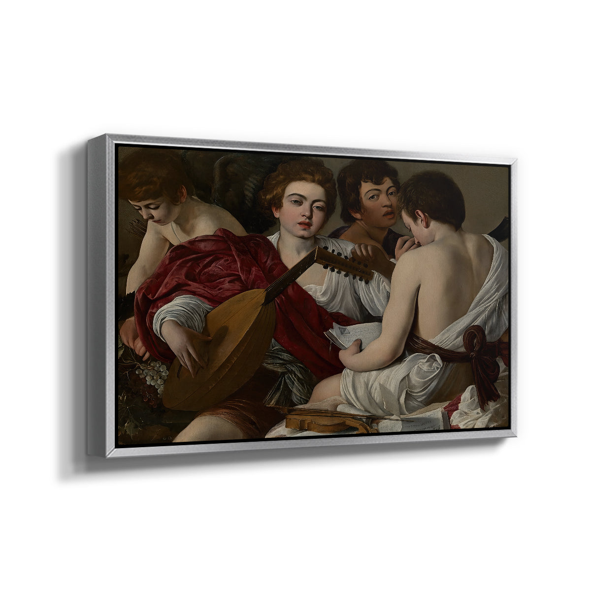 Angled view of The Musicians, c. 1595 by Caravaggio in a silver floater framed canvas.