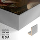 Close-up of the silver floater frame corner and gallery wrapped canvas construction.