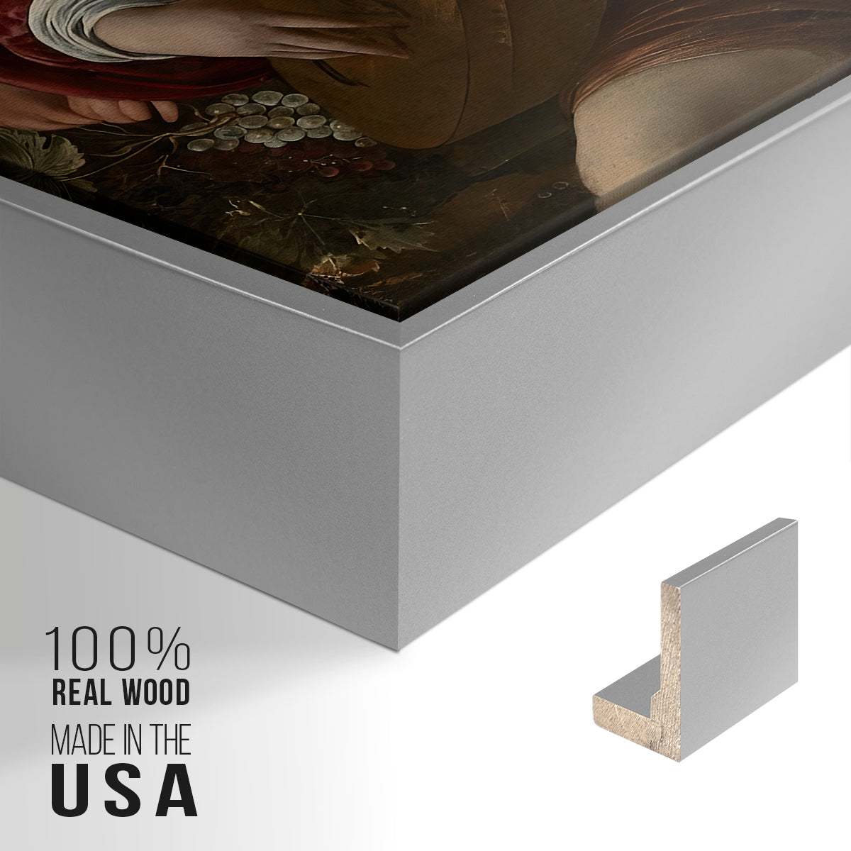 Close-up of the silver floater frame corner and gallery wrapped canvas construction.