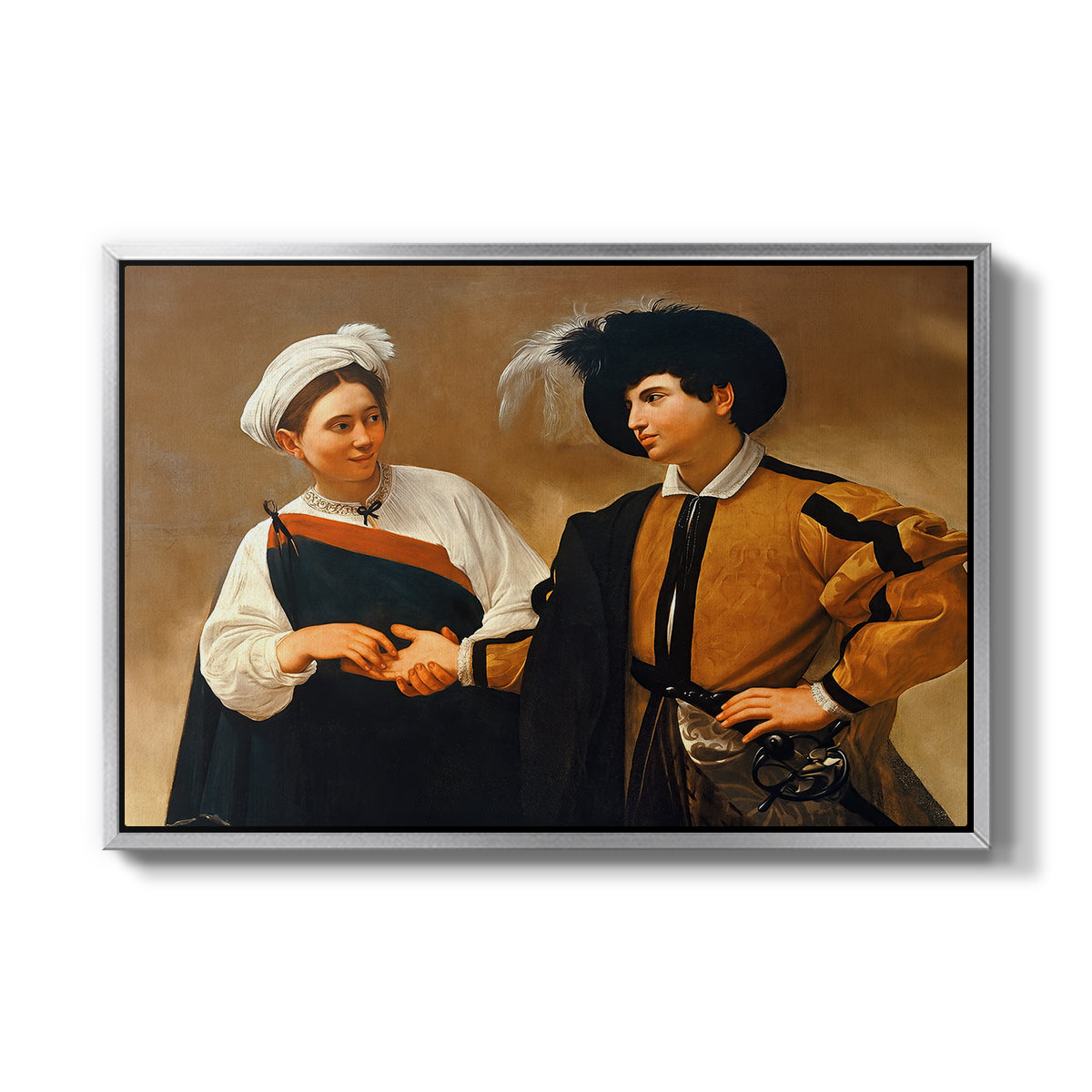 The Fortune Teller (Capitoline Version), c. 1599 by Caravaggio in a silver floater framed canvas wall art display.