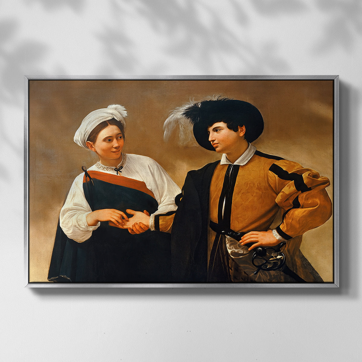 Front view of The Fortune Teller (Capitoline Version), c. 1599 by Caravaggio in a silver floater framed canvas.