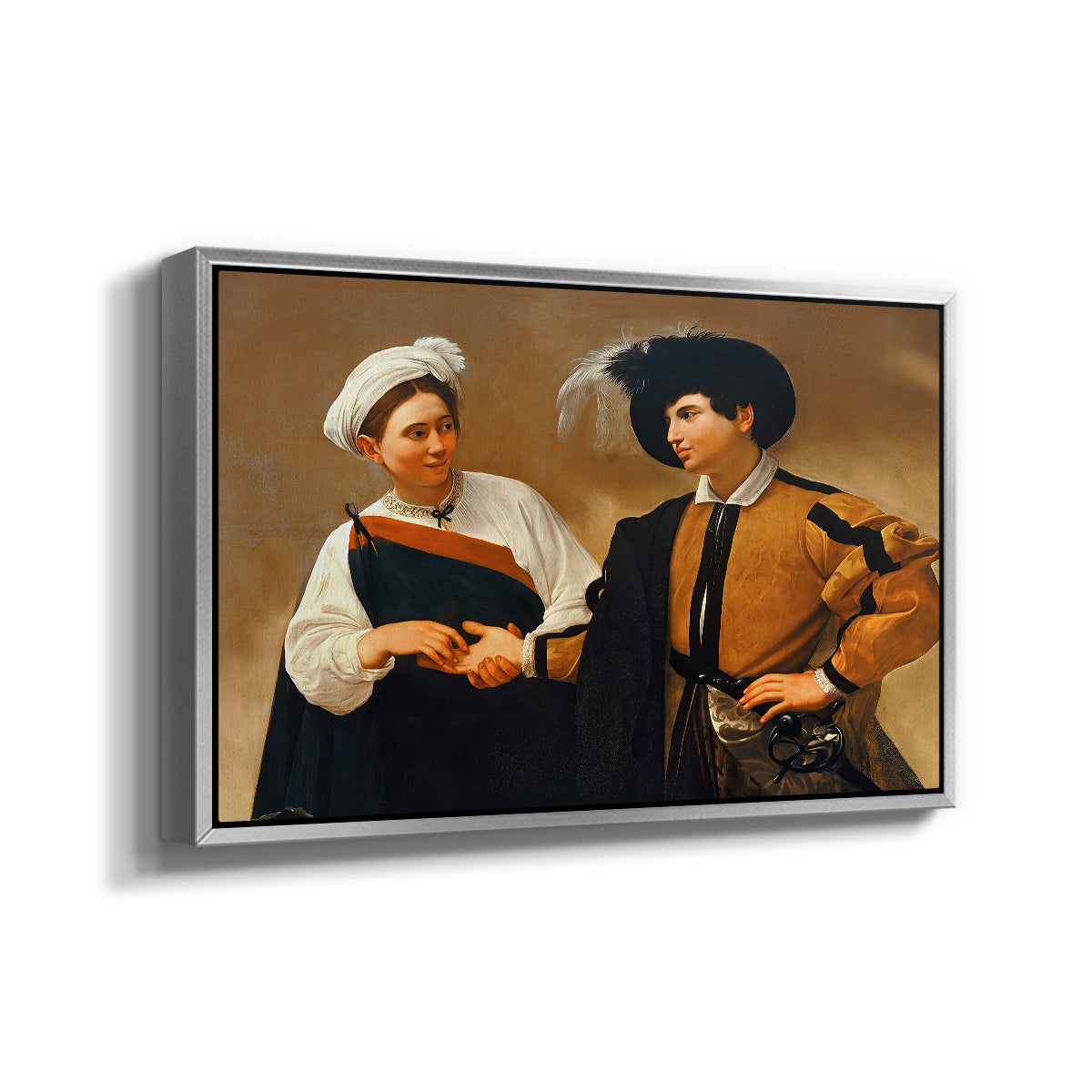 Angled view of The Fortune Teller (Capitoline Version), c. 1599 by Caravaggio in a silver floater framed canvas.