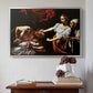 Silver floater framed canvas featuring Judith Beheading Holofernes, c. 1599 by Caravaggio above an entryway table in a minimalist foyer.