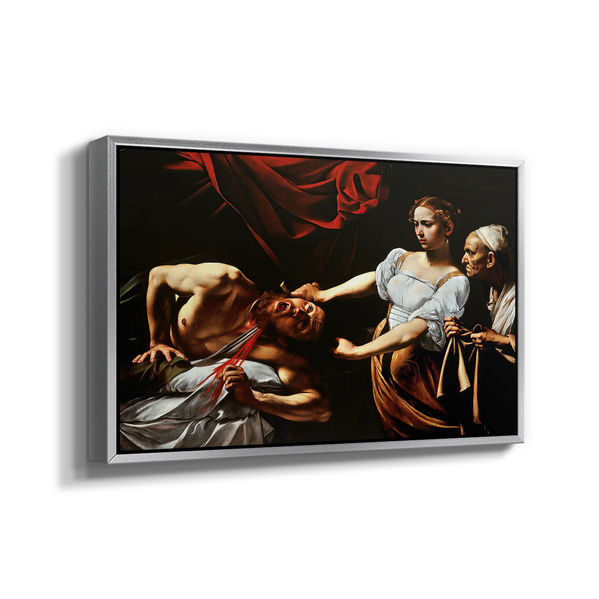 Angled view of Judith Beheading Holofernes, c. 1599 by Caravaggio in a silver floater framed canvas.