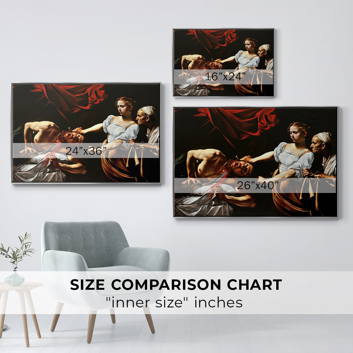 Size comparison chart for silver floater framed canvas featuring Judith Beheading Holofernes, c. 1599 by Caravaggio.