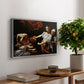 Judith Beheading Holofernes, c. 1599 by Caravaggio, presented in a silver floater framed canvas featuring Judith cutting off Holofernes' head as maidservant assists beside her, displayed above a hallway console table.