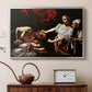 Silver floater framed canvas featuring an intense moment of Judith slaying Holofernes with sword, displayed above a cabinet in a soft-toned living room.