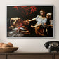 Judith Beheading Holofernes, c. 1599 by Caravaggio in a silver floater framed canvas displayed above a console table in a hallway, featuring a violent religious narrative with strong contrast of light and shadow.