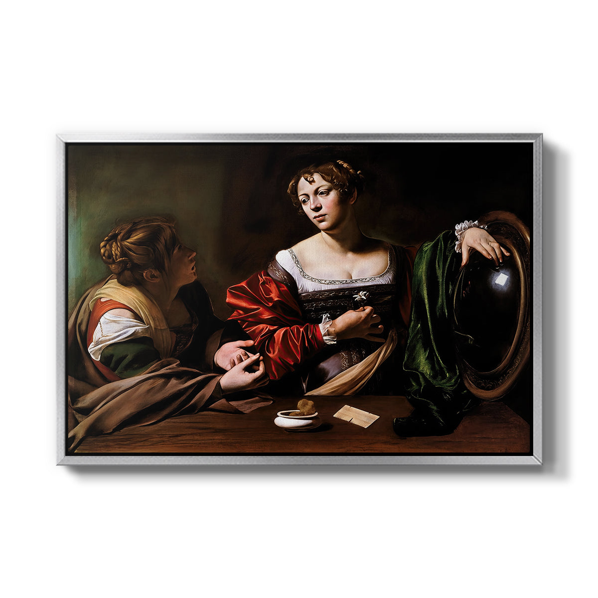 Martha and Mary Magdalene, c. 1598 by Caravaggio in a silver floater framed canvas wall art display.