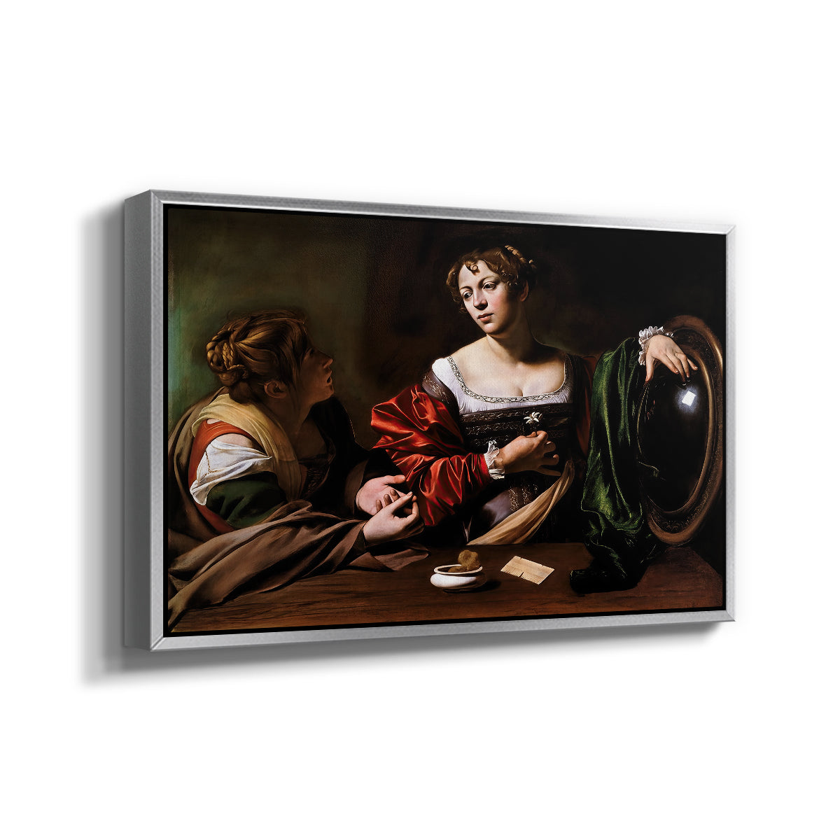Angled view of Martha and Mary Magdalene, c. 1598 by Caravaggio in a silver floater framed canvas.