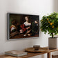 Martha and Mary Magdalene, c. 1598 by Caravaggio, presented in a silver floater framed canvas featuring a two women seated together in conversation with symbolic objects on table, displayed above a hallway console table.