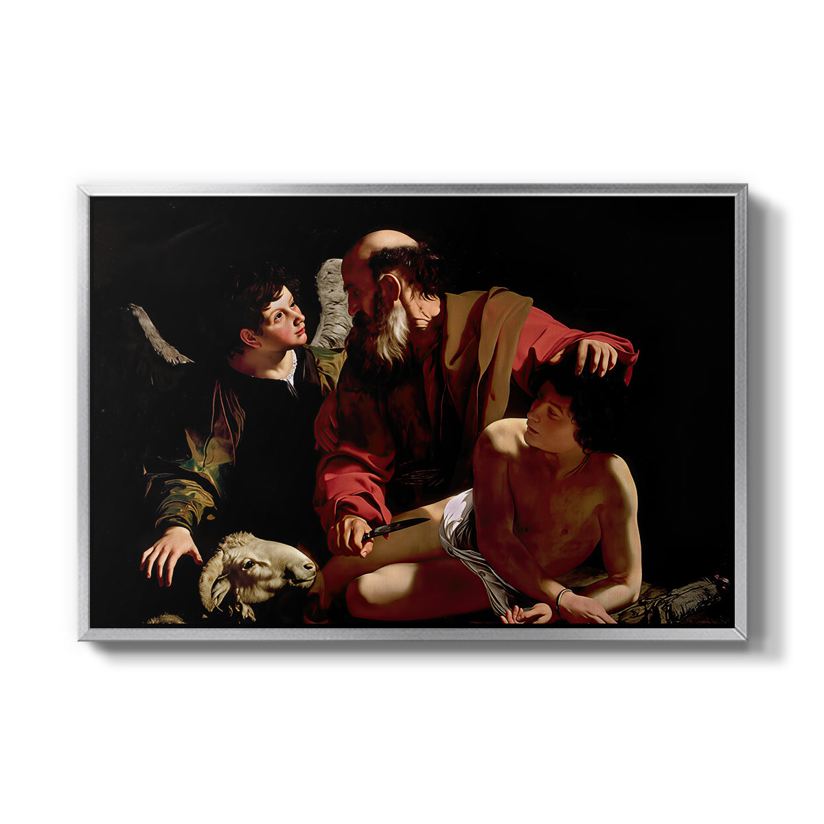 The Sacrifice of Isaac (Uffizi Version), c. 1603 by Caravaggio in a silver floater framed canvas wall art display.